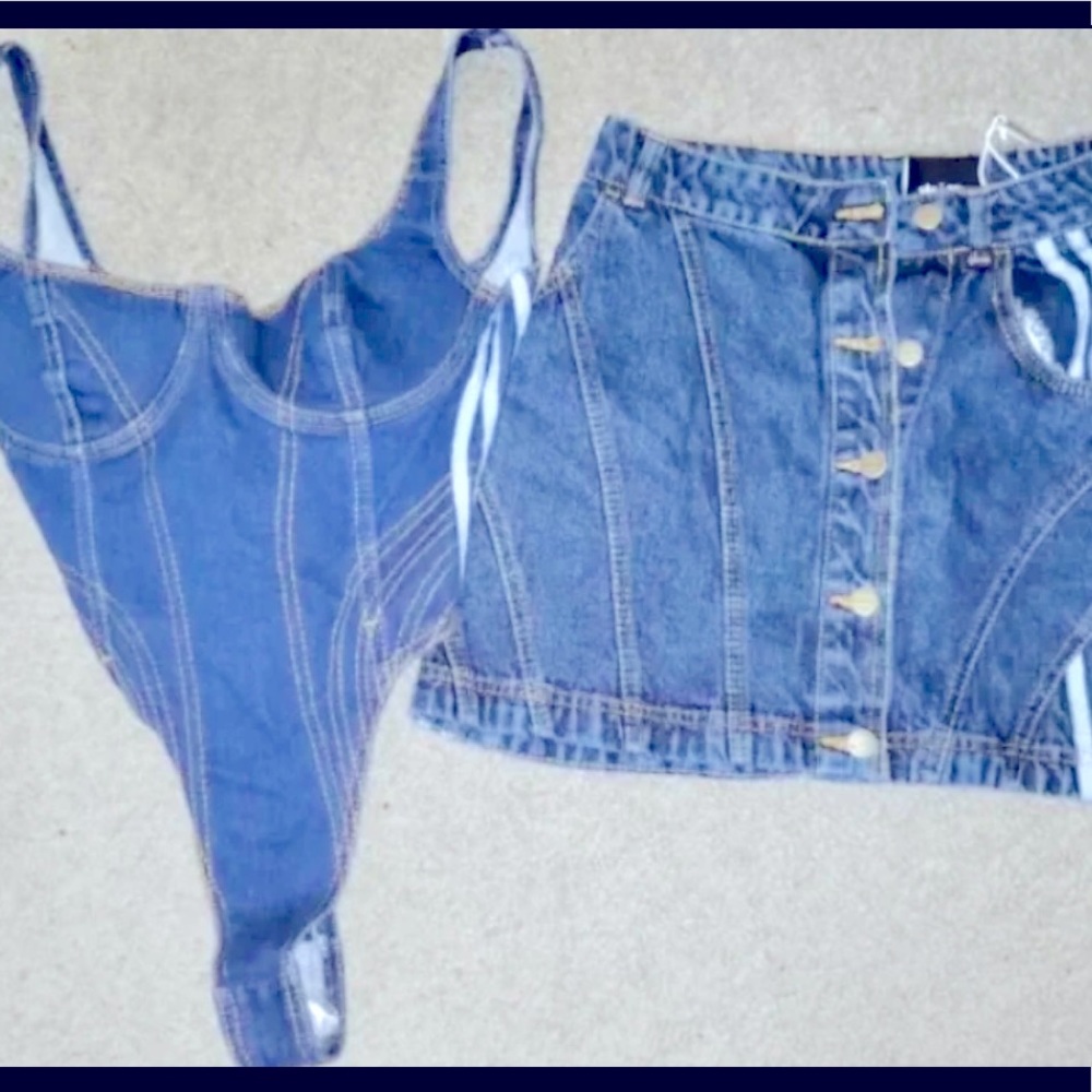 **RARE OUT OF STOCK**NWT Ivy Park denim fitted bodysuit with skirt,classic denim